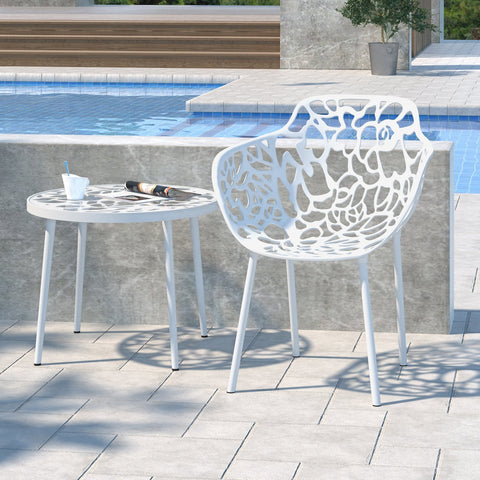 Devon Aluminum Indoor Outdoor Dining Armchairs with Flower Pattern and Stackable Design