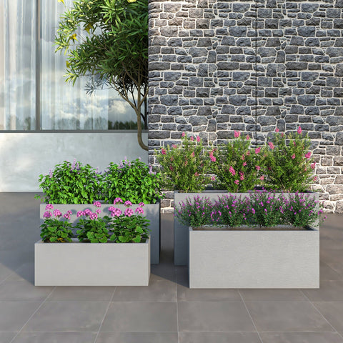 Flora Modern 3-Piece Rectangular Planter Pot Set in Fiberstone and Clay Weather Resistant Design in Grey