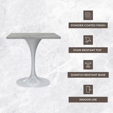 Verve Square Dining Table with a Laminated White Marbleized Tabletop and White Steel Pedestal Base