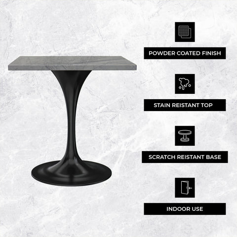 Verve Modern Square Dining Table with a Laminated White Marbleized Tabletop and Black Stainless Steel Pedestal Base