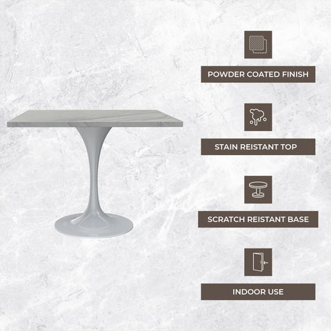 Verve Modern Square Dining Table with a Laminated White Marbleized Tabletop and White Steel Pedestal Base