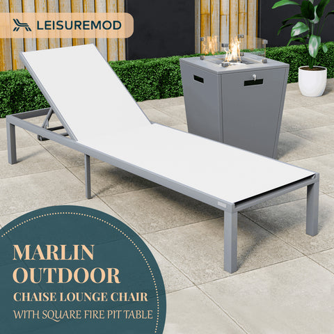 Marlin Modern Grey Aluminum Outdoor Patio Chaise Lounge Chair with Square Fire Pit Side Table