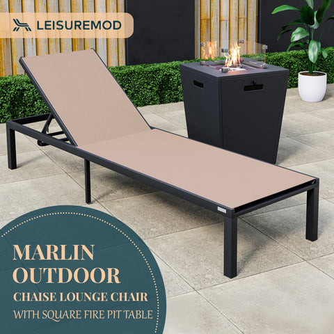 Marlin Modern Black Aluminum Outdoor Patio Chaise Lounge Chair with Square Fire Pit Side Table