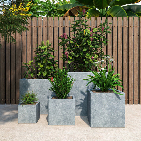 Flora Modern 3-Piece Rectangular Planter Pot Set in Fiberstone and Clay Weather Resistant Design in Grey