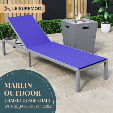 Marlin Modern Grey Aluminum Outdoor Patio Chaise Lounge Chair with Square Fire Pit Side Table