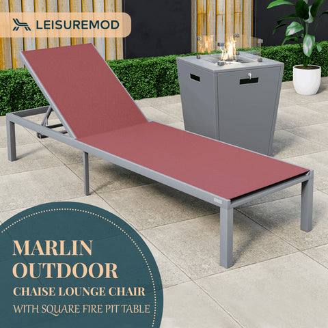 Marlin Modern Grey Aluminum Outdoor Patio Chaise Lounge Chair with Square Fire Pit Side Table