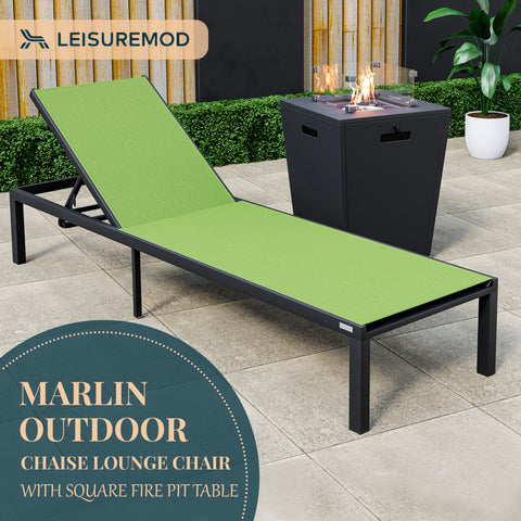 Marlin Modern Black Aluminum Outdoor Patio Chaise Lounge Chair with Square Fire Pit Side Table