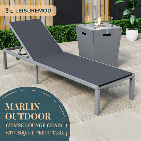 Marlin Modern Grey Aluminum Outdoor Patio Chaise Lounge Chair with Square Fire Pit Side Table