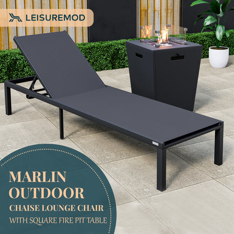 Marlin Modern Black Aluminum Outdoor Patio Chaise Lounge Chair with Square Fire Pit Side Table