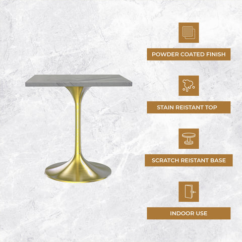 Verve Square Dining Table with a Laminated White Marbleized Tabletop and Brushed Gold Stainless Steel Base