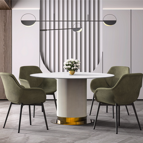 Jexis Round Dining Table with Glass/Sintered Stone Top and Stainless Steel Pedestal Base