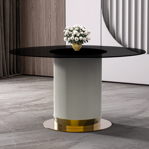 Jexis Round Dining Table with Glass/Sintered Stone Top and Stainless Steel Pedestal Base