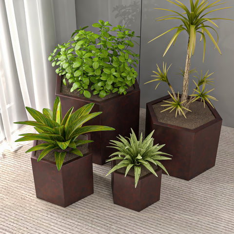 Thicket Modern 4-Piece Fiberstone Planter - Hexagon Design Weather Resistant Plant Pot