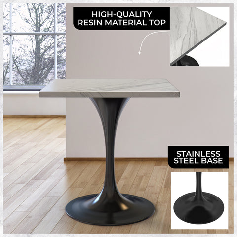 Verve Modern Square Dining Table with a Laminated White Marbleized Tabletop and Black Stainless Steel Pedestal Base