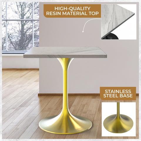 Verve Square Dining Table with a Laminated White Marbleized Tabletop and Brushed Gold Stainless Steel Base