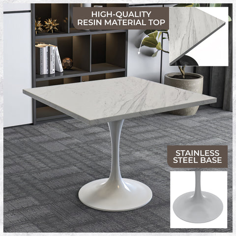 Verve Square Dining Table with a Laminated White Marbleized Tabletop and White Steel Pedestal Base