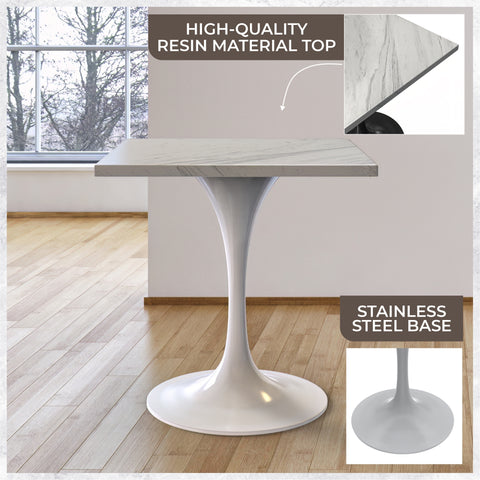 Verve Modern Square Dining Table with a Laminated White Marbleized Tabletop and White Steel Pedestal Base