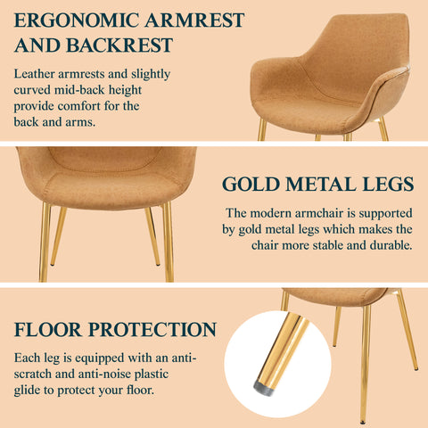 Markley Modern Leather Dining Arm Chair With Gold Metal Legs Set of 2