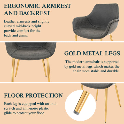 Markley Modern Leather Dining Arm Chair With Gold Metal Legs Set of 4