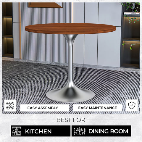 Verve 36" Dining Table, Mid-Century Modern Round Dining Table with MDF Top and Brushed Chrome Pedestal Base for Dining Room and Kitchen