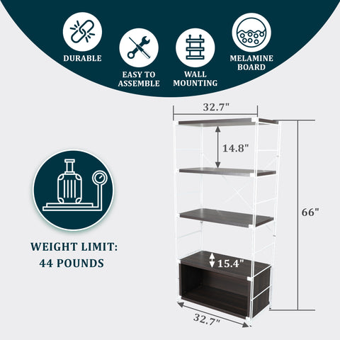 Brentwood Etagere Bookcase with White Powder Coated Steel Frame and Melamine Board Shelves