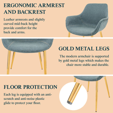 Markley Modern Leather Dining Arm Chair With Gold Metal Legs Set of 2