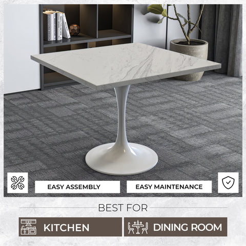 Verve Modern Square Dining Table with a Laminated White Marbleized Tabletop and White Steel Pedestal Base