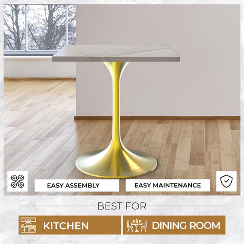 Verve Square Dining Table with a Laminated White Marbleized Tabletop and Brushed Gold Stainless Steel Base