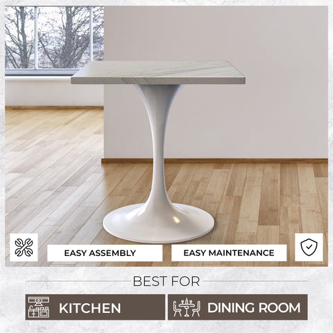 Verve Square Dining Table with a Laminated White Marbleized Tabletop and White Steel Pedestal Base