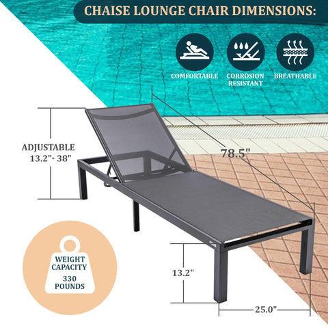 Marlin Modern Black Aluminum Outdoor Patio Chaise Lounge Chair with Square Fire Pit Side Table