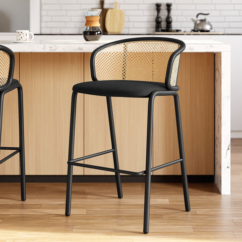 Ervilla Modern Wicker Bar Stool with Fabric Seat and Black Powder Coated Steel Frame, Set of 2