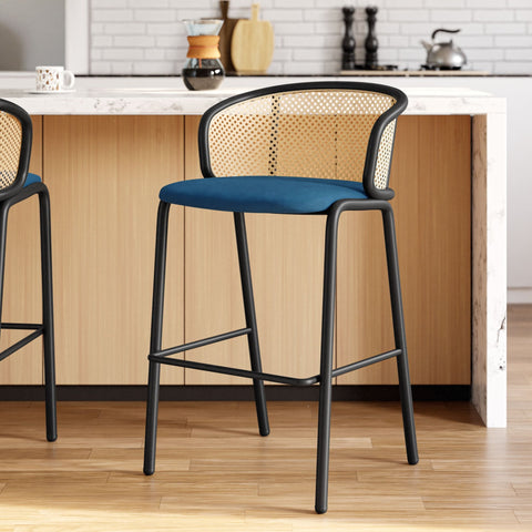 Ervilla Modern Wicker Bar Stool with Fabric Seat and Black Powder Coated Steel Frame, Set of 2