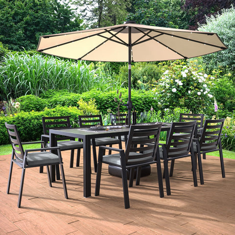 Chelsea 9-Piece Modern Outdoor Dining Set in Black Aluminum with Removable Cushions