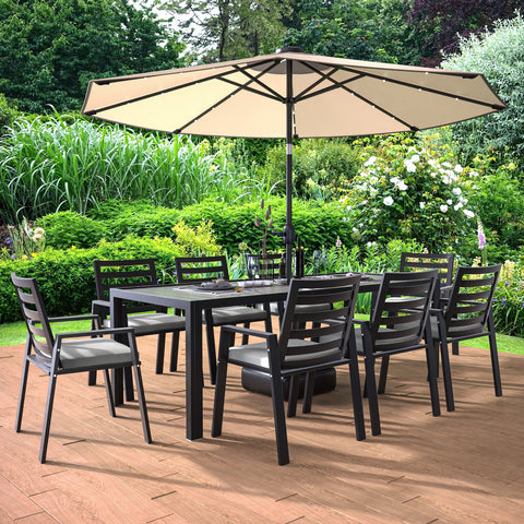 Chelsea 9-Piece Modern Outdoor Dining Set in Black Aluminum with Removable Cushions