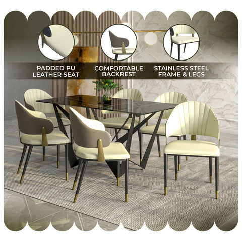 Aria Leather Dining Chair with a Curved Back and Gold Accents Design in Iron Set of 4