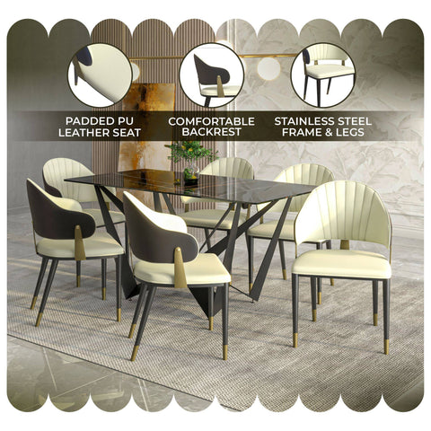 Aria Leather Dining Chair with a Curved Back and Gold Accents Design in Iron Set of 2