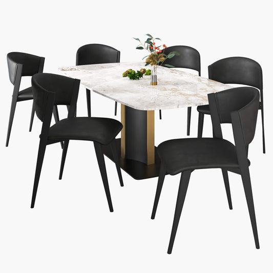 Sylvia 7-Piece Dining Set with Rectangular Table in Sintered Stone Top and 6 Leather Side Chairs