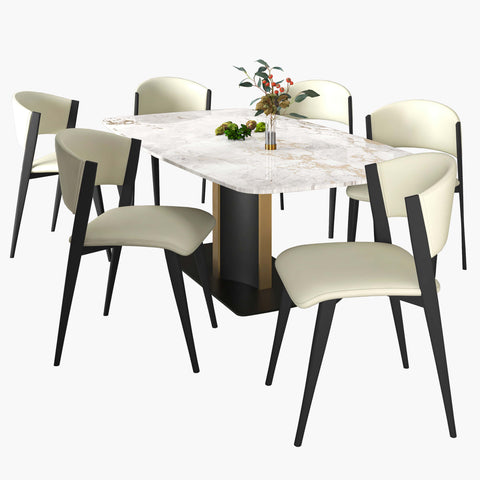 Sylvia 7-Piece Dining Set with Rectangular Table in Sintered Stone Top and 6 Leather Side Chairs