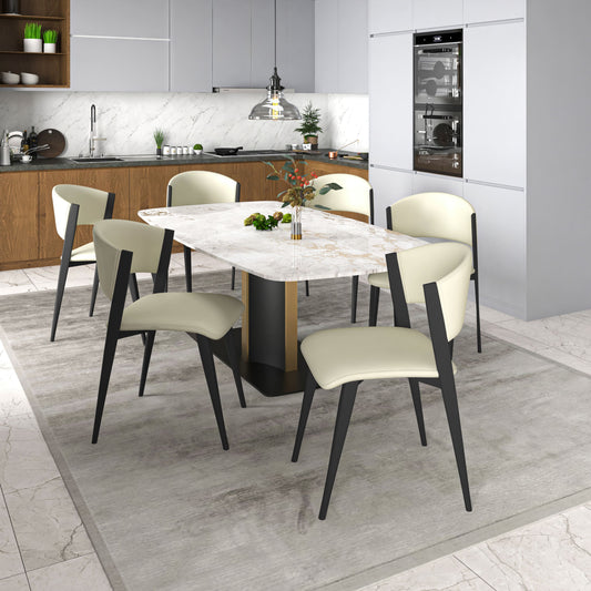 Sylvia 7-Piece Dining Set with Rectangular Table in Sintered Stone Top and 6 Leather Side Chairs