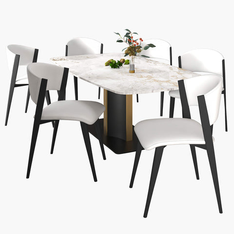 Sylvia 7-Piece Dining Set with Rectangular Table in Sintered Stone Top and 6 Leather Side Chairs