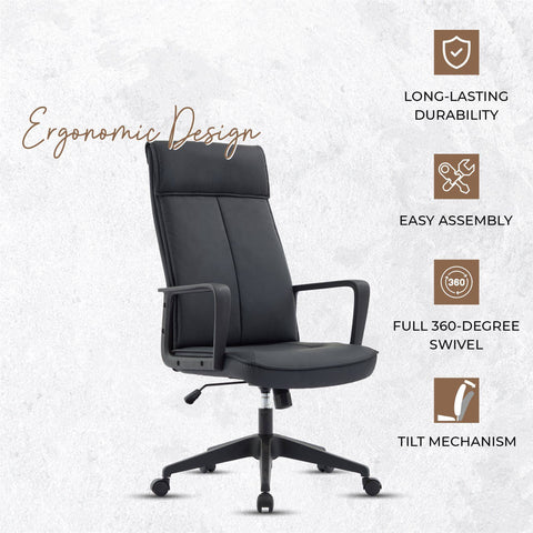 Aiaria Ergonomic High-Back Leather Office Chair with Adjustable Height, Swivel, Tilt, and Double Wheel Casters