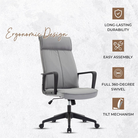 Aiaria Ergonomic High-Back Leather Office Chair with Adjustable Height, Swivel, Tilt, and Double Wheel Casters