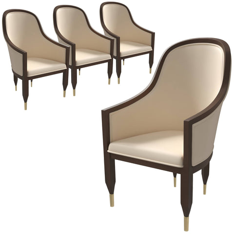 Belle Leather Dining Chair with Arms and Gold Metal Caps with Rubberwood Frame and Legs Set of 4