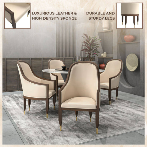 Belle Leather Dining Chair with Arms and Gold Metal Caps with Rubberwood Frame and Legs Set of 4