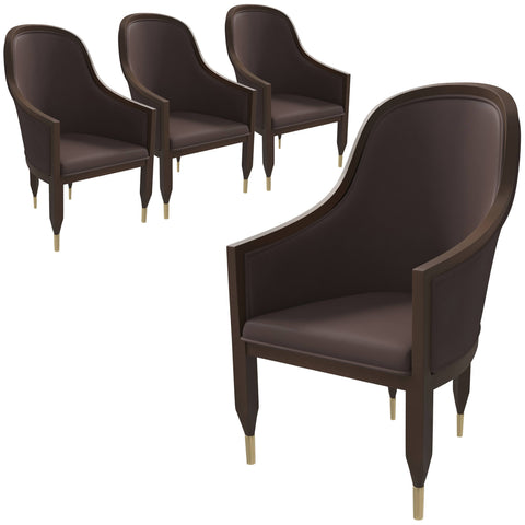 Belle Leather Dining Chair with Arms and Gold Metal Caps with Rubberwood Frame and Legs Set of 4