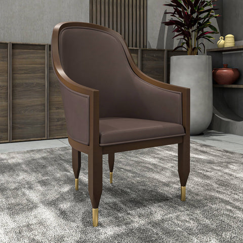 Belle Leather Dining Chair with Arms and Gold Metal Caps with Rubberwood Frame and Legs Set of 4