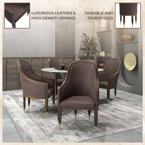 Belle Leather Dining Chair with Arms and Gold Metal Caps with Rubberwood Frame and Legs Set of 4