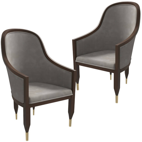 Belle Leather Dining Chair with Arms and Gold Metal Caps with Rubberwood Frame and Legs Set of 2