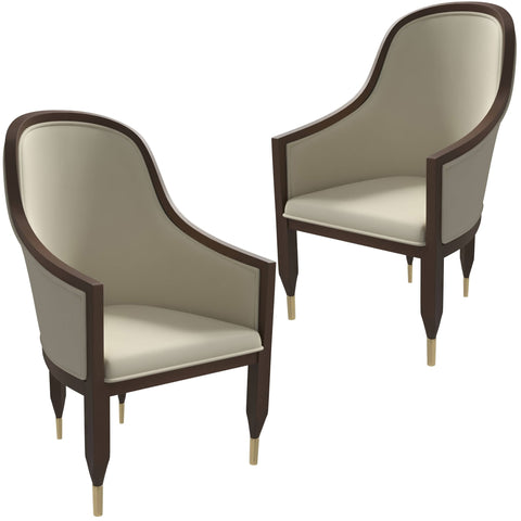 Belle Leather Dining Chair with Arms and Gold Metal Caps with Rubberwood Frame and Legs Set of 2