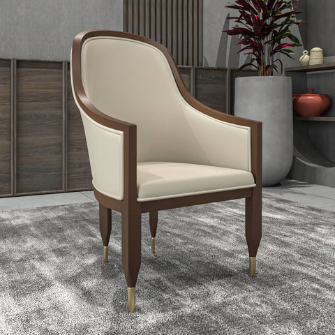 Belle Leather Dining Chair with Arms and Gold Metal Caps with Rubberwood Frame and Legs Set of 2